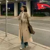 Jaqueta corta-vento estilo britânico, cor cáqui, com bolso, botão, lapela, feminina, petite, solta, casaco longo, outono