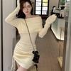 Vestido de Punto de Cintura Alta Europeo y Americano para Mujer de Manga Larga Primavera y Otoño Nuevo Estilo Transfronterizo Ceñido a la Cintura Estilo Puro Lujuria Un Hombro Cubre Caderas Falda Corta