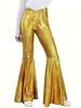 Pantalones acampanados de cintura alta para mujer, estilo europeo y americano, con estampado de serpiente en relieve dorado, brillo metálico, corte ajustado y adecuados para actuaciones en escenario.