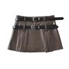 Falda de cuero PU negra estilo retro americano para mujer, nueva falda mini de cintura alta con doble cinturón de otoño