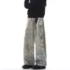 2026 Jeans de Mezclilla Desgastada con Estampado de Cadena de Diseño de Nicho de Moda para Hombre Estilo Callejero de Otoño Canalla Genial (Fei - significado inútil/desgastado) Jeans de Mezclilla para Hombre