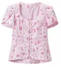 Camisa Floral Cuadrada Francesa para Mujer Mangas Cortas Abullonadas Top Corto Adelgazante Ropa de Mujer Transfronteriza de Verano En Stock Al Por Mayor