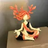 Estatueta de Menina de Yoga Resina Pintada Estátua de Figura de Meditação com Folhas, Cabelo, Saia Laranja, Cura Zen