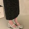 Zapatos de tacón alto Mary Jane plateados poco profundos estilo francés para mujer, modelo nuevo para primavera y otoño 2026, tacón grueso con pedrería