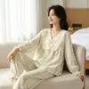 Novedad Primavera/Otoño 2026 Ropa de Casa para Mujer Gasa de Algodón Puro Encaje Cuello Redondo Manga Larga Pantalones Largos Pijama Holgado para Casa