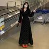 Vestido Longo de Manga Comprida com Gola V e Bolinhas Preto Francês Transfronteiriço Estilo Novo Outono Inicial Saia Longa Elegante Super Bonita na Cintura