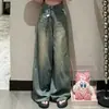 Jeans Nostálgicos Azules Lavados Estilo Americano para Mujer Pantalones Cortos de Cintura Alta y Pierna Ancha Pantalones Retro Sueltos Tipo Mop Largos