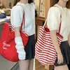 Set Bolsa de Lona Rayada Doble Cara Estilo Coreano Moda Bolso Tote Casual Bolso de Hombro Simple Versátil Gran Capacidad