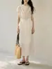 Vestido Conjunto de Top Elegante Francés GINNKE de Acetato Tencel con Cuello Oscilante y Cinturón y Falda de Cintura Alta