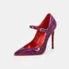 Nuevos zapatos de tacón alto de suela roja transfronterizos para desfiles de moda de modelos, zapatos Mary Jane de correa única con punta de aguja y hebilla de charol de tacón de aguja