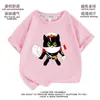 Camiseta de Dibujos Animados Gato Negro Sheriff Linda Animación Manga Corta para Hombre y Mujer Ropa de Estudiante Camisa de Verano para Niños de Media Manga Holgada