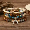 Amazon venta caliente transfronteriza pulsera de cuentas hecha a mano estilo retro para hombre pulsera de línea elástica multicapa con cuentas de madera árbol de la vida