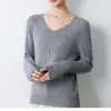 Suéter de punto de alta gama listo para usar para mujer, con cuello en V y manga larga, corte holgado, adecuado para primavera y otoño, top tipo camiseta base sin costuras