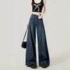 Jeans Feminino Azul Escuro de Cintura Alta com Barra Larga - Novo para Primavera e Outono - Calça Reta Solta Emagrecedora - Nova Calça Longa