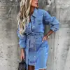 Amazonas 2024. Vestido de Mezclilla de Primavera Estilo Europeo y Americano con Cuello Solapa de Manga Larga de un Solo Botón Ajustado