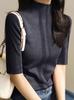 Camisa Base Gris para Mujer, Cuello Medio Alto de Alta Gama, Manga de Tres Cuartos, Top de Manga Media Ajustado, Camiseta de Punto A7691