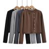 Suéter Cárdigan Apilado Casual de Diseño Americano de Dos Piezas Falsas para Mujer Otoño Nuevo Cuello Redondo Botones Chaqueta de Manga Larga