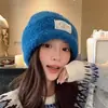 Gorro de Punto Azul Klein Blanqueador Cordero Círculo Polar Conejo Pelo Mujer Otoño Invierno Cálido Protección Orejas Borde Enrollado Gorro