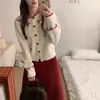 Cardigan de Punto Jacquard con Lazo y Bloques de Color Estilo Coreano Otoño e Invierno Nuevo Suéter Abrigo Versátil Elegante Reductor de Edad para Mujer