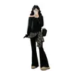 Conjunto de Dos Piezas para Mujer Talla Grande Otoño Nuevo Estilo Chic Francés Juvenil Sudadera Off-Shoulder con Parches a Cuadros y Pantalones Acampanados