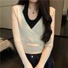 Otoño Nuevo Estilo Coreano Cuello Halter Hombro Descubierto Patchwork Falso Dos Piezas Manga Larga Top de Punto para Mujer, Jersey Ajustado