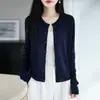 Chamarra suéter fina de punto fino color liso, versátil, casual holgada, manga enrollada, cuello en V, para mujer, de lana, soluble en agua
