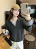 Camisa polo de alta qualidade estilo coreano com punhos de malha, novo suéter feminino outono/inverno, blusa de manga longa com design de duas peças falsas