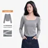 Camiseta feminina de manga longa para outono e inverno com decote quadrado, corte justo, não volumosa, top com forro de fleece e design de barra curva, adequada como camada base