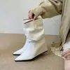 Botas de media pantorrilla de moda europea y americana, de punta, con tacón de cuña, tacón ultra alto, estilo linterna, botas casuales de pierna ancha plisadas, botas de vaquero occidentales