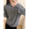 Suéter Cardigan Tricotado 100% Lã Pura Feminino Gola Alta Jaqueta Outono e Inverno Novo Estilo Camisa Externa Abotoada