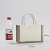 Bolsa de arpillera en blanco personalizada con cuerda de algodón pintada a mano, Bolsa de compras de yute de un solo hombro para bricolaje con cremallera, Bolsa de arpillera tipo tote con patchwork vintage