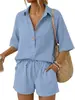 Conjunto de Dos Piezas Casual para Mujer, Estilo Europeo y Americano, Algodón Arrugado, Cuello Solapa, Media Botonadura, Manga Corta, Pantalones Cortos Sueltos de Cintura Alta con Cordón