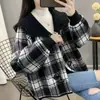 Abrigo de Lana para Tallas Grandes Otoño/Invierno, Cárdigan a Cuadros Estilo Coco Chanel para Mujer de Tallas Grandes, Top Espeso de Forro Polar con Botones de Cuerno y Perlas, Moderno