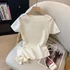 Blusa Azul Irregular de Manga Curta para Mulheres, Estilo Dopamina para o Início do Verão, Única e Bonita, Cintura Marcada, Tricô Estilo Academia Marinho