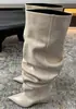 Botas de mujer de alta calidad, botas largas, botas por encima de la rodilla, botas de caña alta con punta, fruncidas y holgadas, piel de vaca por dentro y por fuera, suela de cuero genuino, tacón alto de 7 cm, blanco
