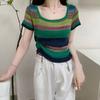 Camiseta de Rayas Transversales para Mujer Verano Tejido Manga Corta Ropa Estilo Nuevo Top Corto Diseño Nicho