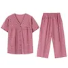 Conjunto de Pijama de Gasa de Algodón Puro Tejido Nuevo Verano 2026 para Mujer, Manga Corta, Pantalones Tres Cuartos, Conjunto de Ropa de Casa para Mamá de Mediana Edad
