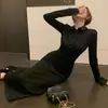 Vestido Camisa Vintage Estilo Francés con Cuello Polo y Mangas Abotonadas, Vestido Largo Bodycon Adelgazante de Manga Larga Ajustado a la Cintura para Mujer