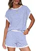 Traje Casual Estilo Europeo y Americano para Mujer, Top Corto de Rayas y Bloques de Color Acanalado de Verano + Shorts Elásticos de Cintura Alta