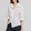 Estilo Novo Verão 2026 Simples Casual Ombro a Ombro Manga Três Quartos Design Cintura Marcada Versátil Fina Camisa para o Dia a Dia para Mulheres