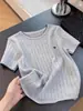 Camiseta de punto corta de manga corta con bordado hueco estilo coreano, color gris, hombros normales para mujer, nuevo diseño de verano Top 11110