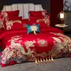 Juego de Cuatro Piezas de Algodón de Fibra Larga de Gama Alta para Boda Juego de Boda Chino Bordado Rojo Ropa de Cama de Boda de Algodón Puro