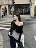 [Venta Directa de Fábrica] Camisa de Manga Corta con Botones Off-Shoulder con Camisola Interior Asimétrica de Halter para Mujer Conjunto de Dos Piezas de Otoño
