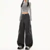 Jeans Vintage Cinza Cimento de Cintura Alta Wide Leg para Mulheres, Design de Outono com Bordas Desfiadas, Calça Reta Solta e Emagrecedora de Comprimento Total