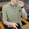 Camisas Polo Masculinas para Primavera e Outono, Camisetas de Manga Longa, Tops Casuais Listrados Bordados Modernos de Corte Slim