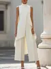 Moda Europeia 2026 Novo Estilo Para Ir ao Trabalho Emagrecedor Design Irregular Gola Alta Sem Mangas Camada Calças de Perna Larga Conjunto de Duas Peças