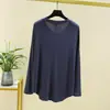 Camiseta de Manga Larga de Modal para Mujer Talla Grande Holgada de Primavera y Otoño, Delgada, Adelgazante, Cuello Redondo, Camisa Base de Color Sólido