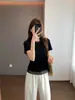 Camiseta de Malla Patchwork Ajustada Zedaijiai con Cuello Redondo, Mangas Cortas y Diseño de Hombro Caído para Mujer en Verano