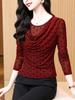 Foto Real de Blusa Versátil de Lunares Flockeados de Manga Larga de Malla con Cuello Oscilante para Mujer Negro Morado Rojo