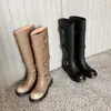 Botas largas de mujer color cuero, nuevo estilo otoño/invierno, punta redonda, con hebilla, de tacón alto, caña recta, hasta la rodilla